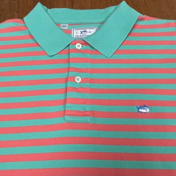 Southern Tide Men's Polo Shirt - Green & Pink Striped - Size L (40) - EUC - Picture 2 of 9